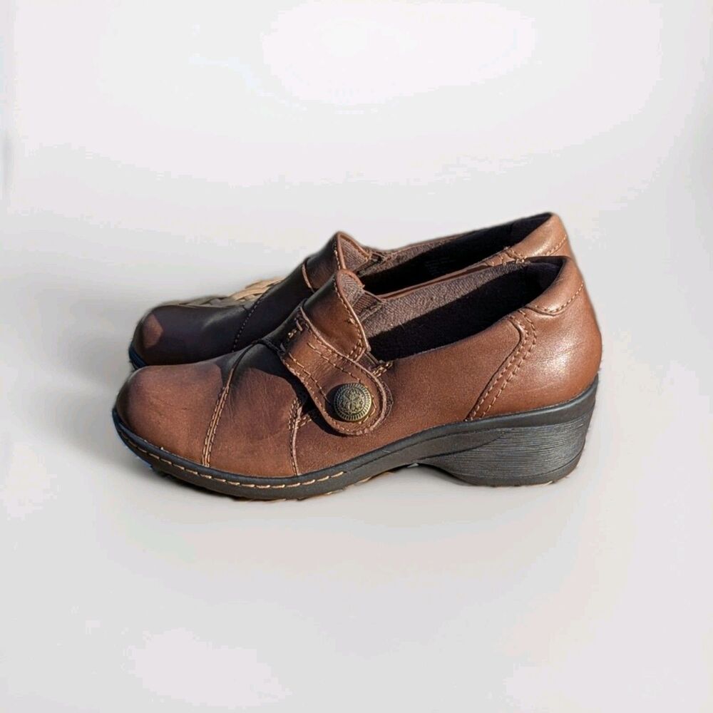 Earth Origins Size 7.5 Women's Grace  Brown Leather Slip On Loafers with Wedge